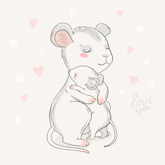 Mouse family character. Vector illustration. Mom and baby. Happy mother day. Mom I love you.