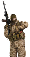Fototapeta premium One soldier holding assault rifle. Uniform conforms to sub-unit of Russia's special forces Alpha Group FSB. Shot in studio. Isolated with clipping path on white background
