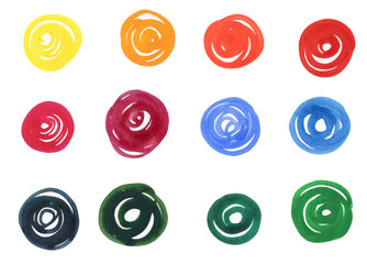 Colorful watercolor hand painted circle shapes. Isolated on white background. Web elements for headers, banners, labels, web buttons. - 349810348