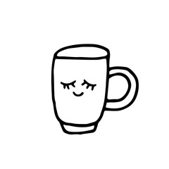 Cute cup with eyes Hand drawn in doodle style. element vector graphics Scandinavian hygge cozy monochrome minimalism simple. dishes, tea, coffee, cocoa, home, comfort, cafe. design icon, card