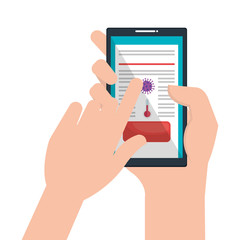 hands using searching covid 19 information online in smartphone vector illustration design