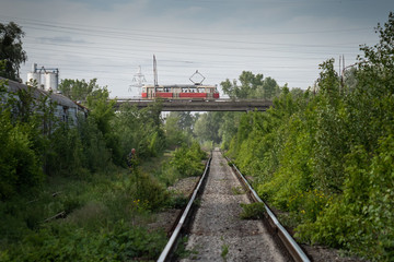 Abandoned empty unused railway track in the forest with a red tram in the background, traveling...