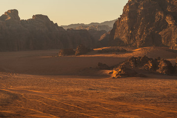 Fototapeta na wymiar Beautiful mountain and desert of Wadi Rum in a morning sunrise, Jordan, Arab