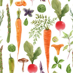 Beautiful vector seamless pattern with watercolor hand drawn vegetables. Stock illustration. Healthy food painting.