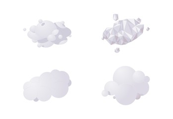 Isometric 3d clouds in various styles. Lowpoly and circle gradient illustration drawn in shades of grey