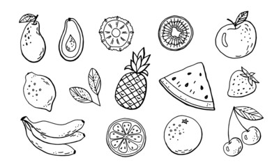 Fruits and berries set hand drawing isolated on white background. Vector stock illustration.