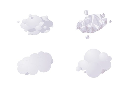 Isometric 3d clouds in various styles. Lowpoly and circle gradient illustration drawn in shades of grey