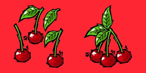 Graffiti Style Fresh Cherries Assorted Set. Isolated Vector Illustration