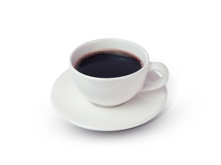 Black coffee in a white ceramic cup isolated on white background