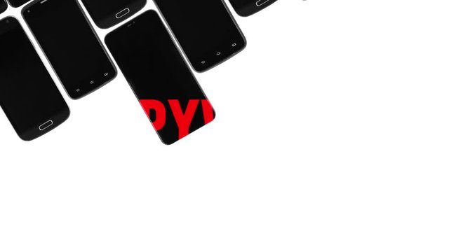 red distorted text spyware appears on black smartphones, set of black gadgets moves on diagonal on white background, seamless looping animation, title for intro video saver, broadcast headline