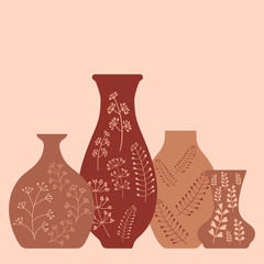 Handmade pottery, ceramic vases painted by hand. Pottery hobby. Flat vector illustration