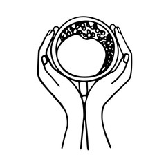 Hands holding a cup of coffee or cocoa hand-drawn. Vector doodle illustration black outline on a white background
