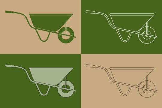 Variation d&rsquo;un dessin de brouette pour le jardinage sur un fond beige ou vert. 