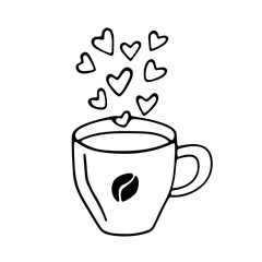 Large mug of coffee or cocoa hand-drawn. Vector doodle illustration black outline on a white background