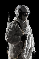 Male in russian mechanized infantry uniform (snow camouflage) on black background.