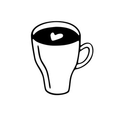 Large mug of coffee or cocoa hand-drawn. Vector doodle illustration black outline on a white background