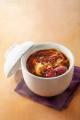 Delicious Chinese traditional stew, flower chicken soup