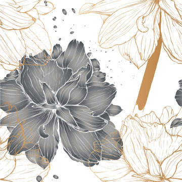Romantic botanical pattern of   flowers - Lilies, in gold graphics and in grey fill ,sketch vector graphic color illustration on white background for postcards, posters, notebooks.
