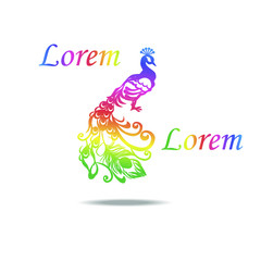 The picture shows a peacock logo, multicolored logo with text. Logo for a new company, institution, enterprise
