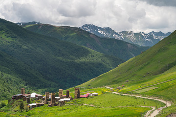 Fototapeta na wymiar Ushguli village, highest settlement in Europe in summer season, Svaneti region, Georgia