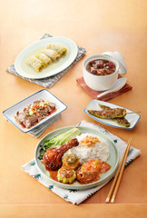 Delicious traditional Chinese food, set meal of Niang and chicken leg rice