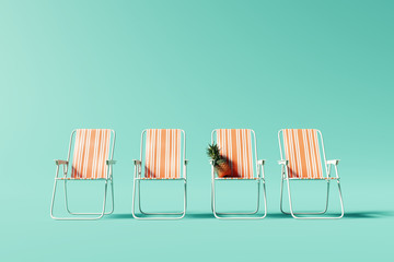 Orange chairs on pastel blue background. Summer minimal vacation concept. 3d rendering - obrazy, fototapety, plakaty