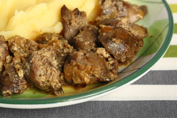 Fried chicken livers and mashed potatoes