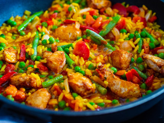 Paella chicken on wooden background
