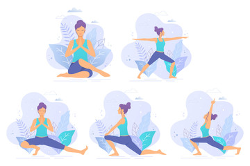 Collection of yoga vector illustrations. Yoga girl in a park vector illustration. Healthy lifestyle.