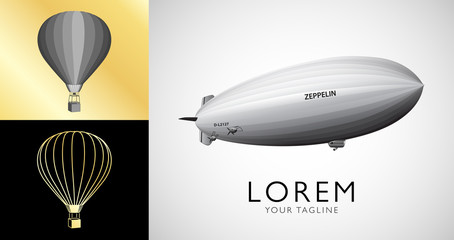 Hot air balloons and blimp. Vintage airship Zeppelin. Dirigible balloon. Vector illustration © master_andrii