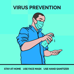 Illustration man with bottle sanitize alcohol gel protective health and mask to protection virus
