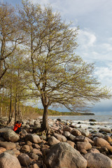 City Tuja, Latvia. Baltic sea with rocks and photographer. Travel photo.