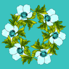 Creative composition with spring flowers and leaves. A wreath of anemones. Pattern for printing. Abstraction.