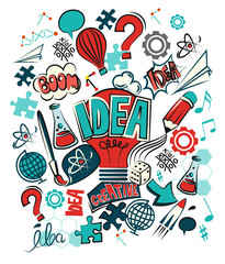 Lightbulb ideas concept doodles icons set and drawing business strategy. Vector illustration.