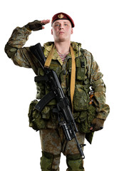 Male in russian mechanized infantry uniform isolated with clipping path on white background.