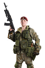 Male in russian mechanized infantry uniform isolated with clipping path on white background.