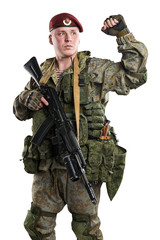 Male in russian mechanized infantry uniform isolated with clipping path on white background.