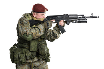 Male in russian mechanized infantry uniform isolated with clipping path on white background.
