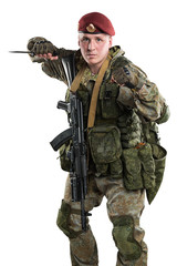 Male in russian mechanized infantry uniform isolated with clipping path on white background.