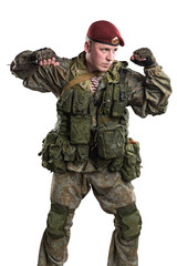 Male in russian mechanized infantry uniform isolated with clipping path on white background.