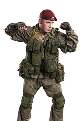 Fototapeta premium Male in russian mechanized infantry uniform isolated with clipping path on white background.