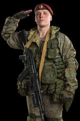 Male in russian mechanized infantry uniform isolated with clipping path on black background.