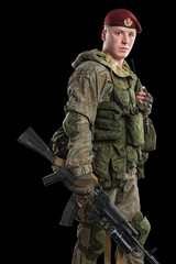Male in russian mechanized infantry uniform isolated with clipping path on black background.