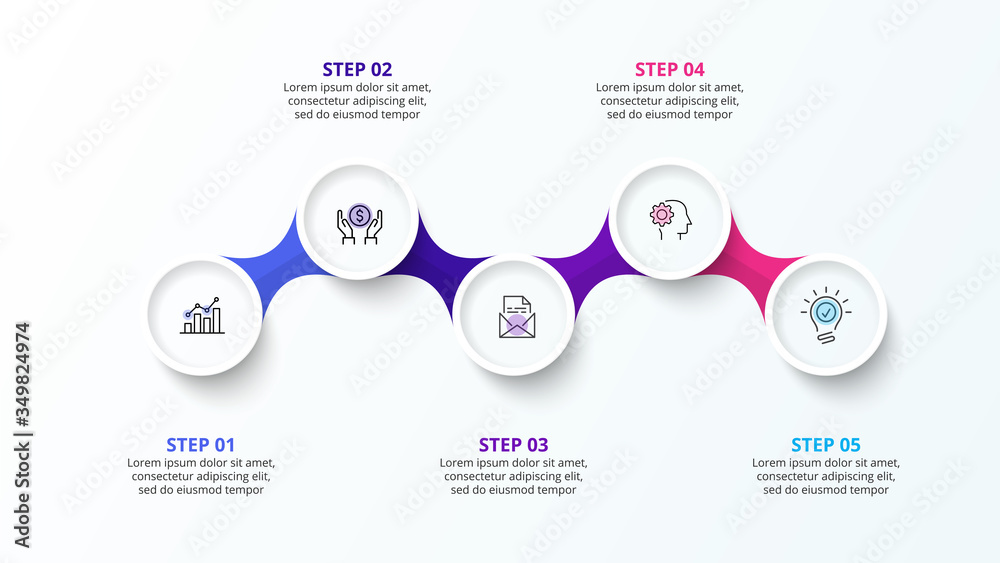Poster Infographic design template with five circle elements and zig zag. Concept of 5 steps of business strategy. Clean vector illustration for presentation