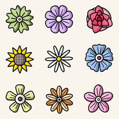 Vector set of flowers colorful flat style isolated icons