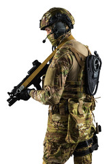 Fototapeta premium Soldier holding assault rifle. Uniform conforms to special services of the Russian Federation. Shot in studio. Isolated with clipping path on white background