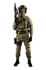 Soldier holding assault rifle. Uniform conforms to special services of the Russian Federation. Shot in studio. Isolated with clipping path on white background
