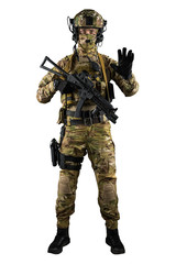Soldier holding assault rifle. Uniform conforms to special services of the Russian Federation. Shot in studio. Isolated with clipping path on white background