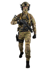 Soldier holding assault rifle. Uniform conforms to special services of the Russian Federation. Shot in studio. Isolated with clipping path on white background