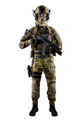 Soldier holding assault rifle. Uniform conforms to special services of the Russian Federation. Shot in studio. Isolated with clipping path on white background